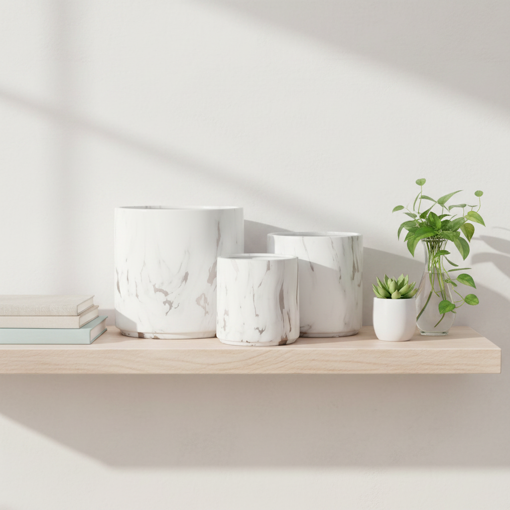 Three white ceramic planters with a gray marble pattern are arranged on a light wood floating shelf, alongside a small potted succulent in a glass vase and stacked books, against a warm off-white wall with soft diagonal shadows.