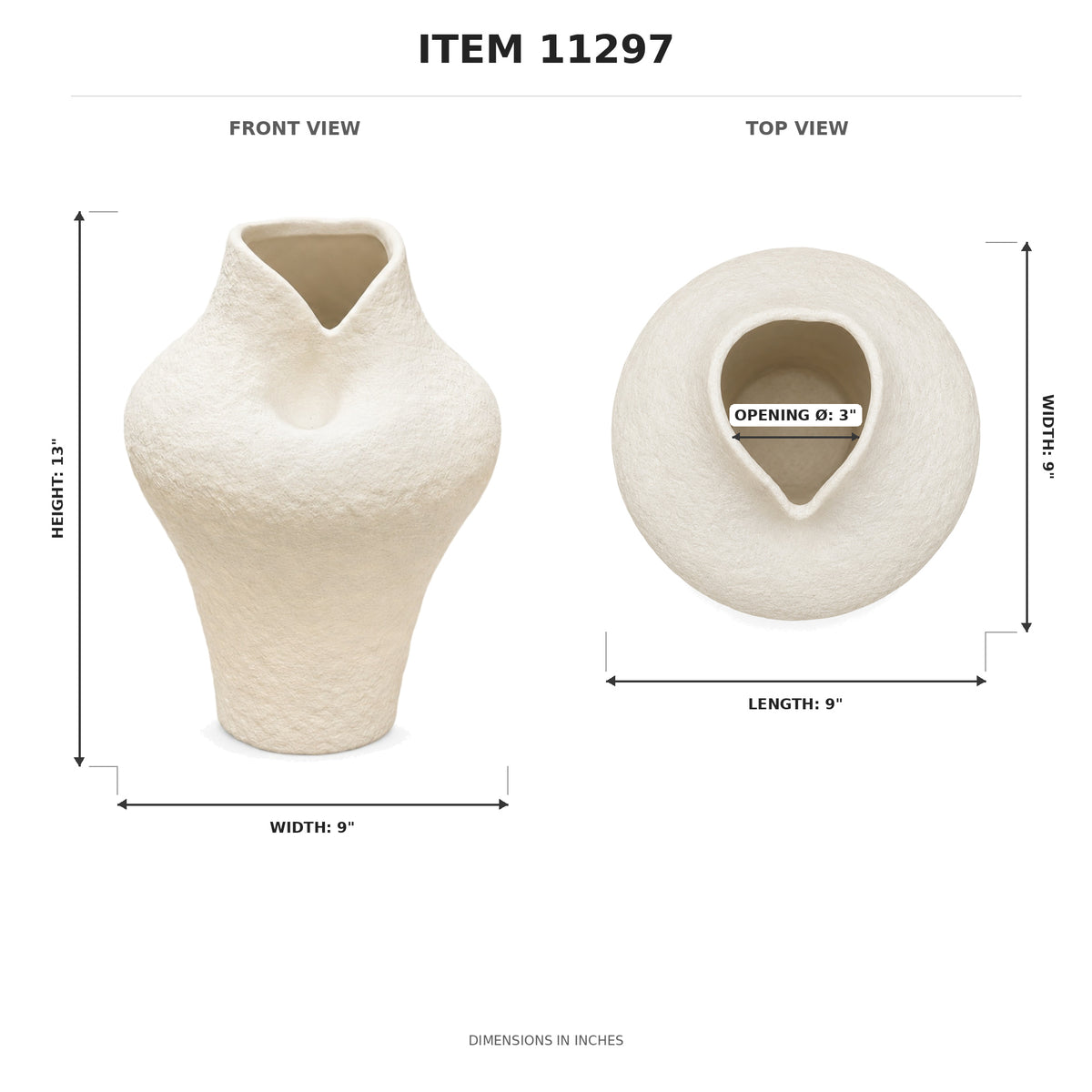 Product dimension diagram for a textured cream-colored ceramic vase, showing front and top views with measurements in inches on a white background.