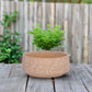 A beige cement pot with a granito texture on a wooden surface with a plant inside it, set against a fence and greenery in the background.