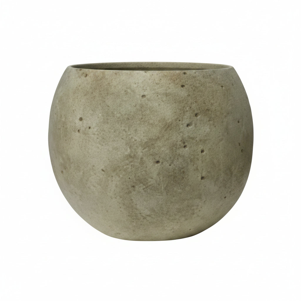 A round, textured concrete planter pot in a light gray-beige color, shown against a plain white background.