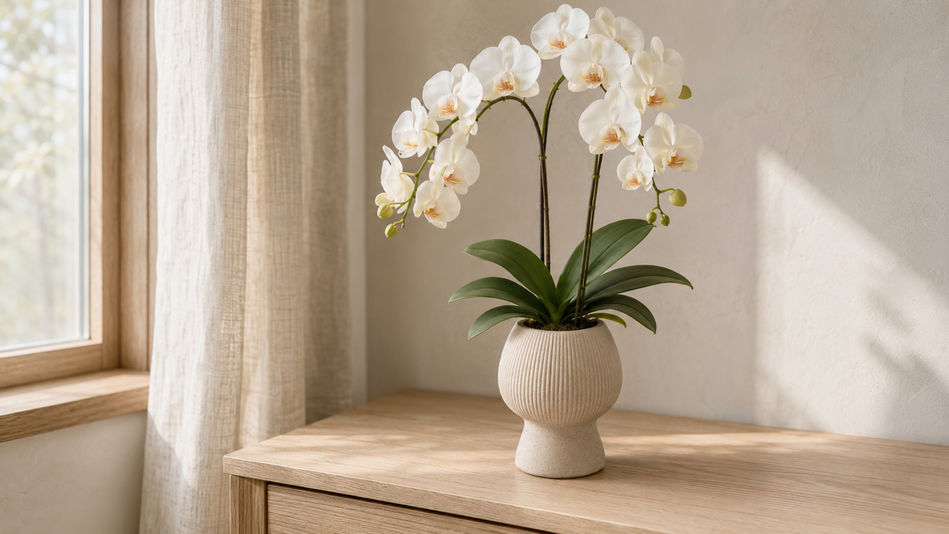 A potted white orchid with green leaves sits on a light wood console table in a softly lit room with a window, curtain, and textured wall.