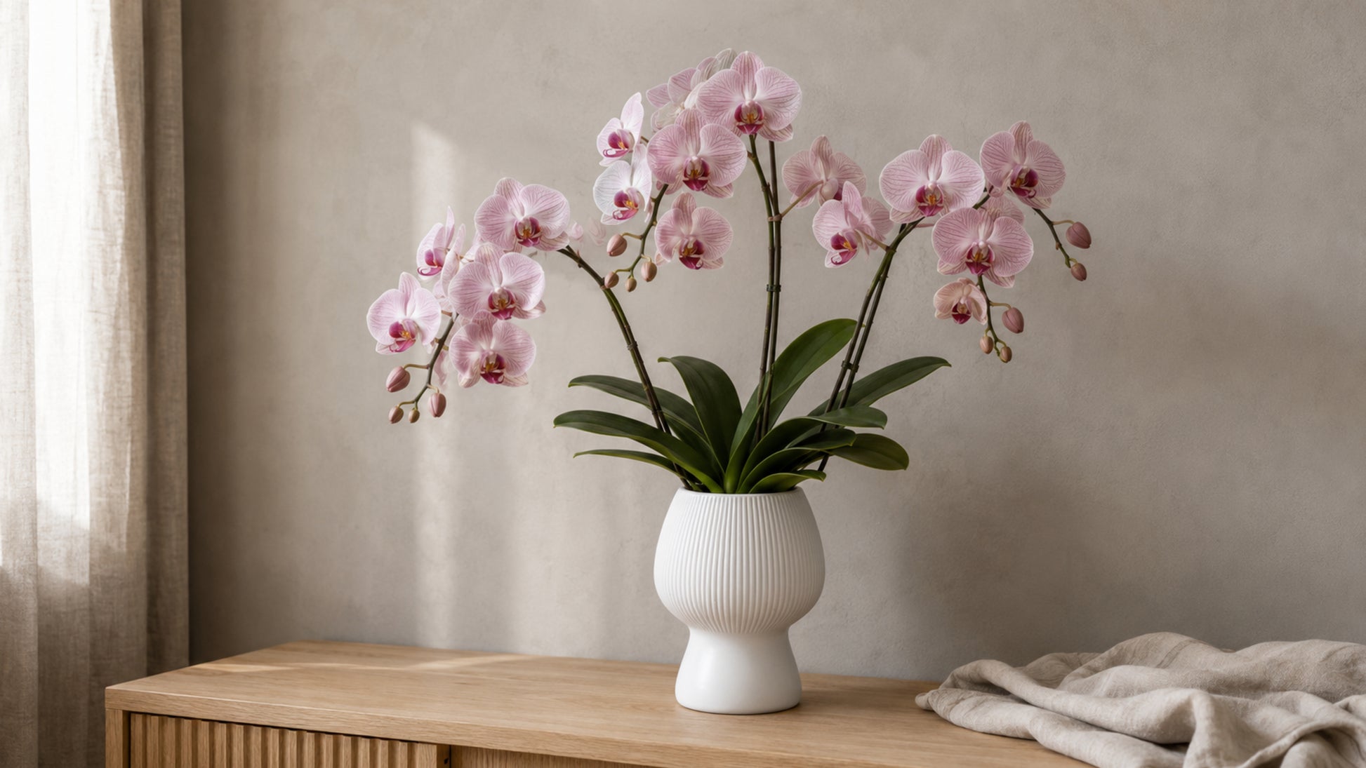 A pink Phalaenopsis orchid arrangement in a ribbed white ceramic vase, displayed on a light wood console table against a textured beige wall.