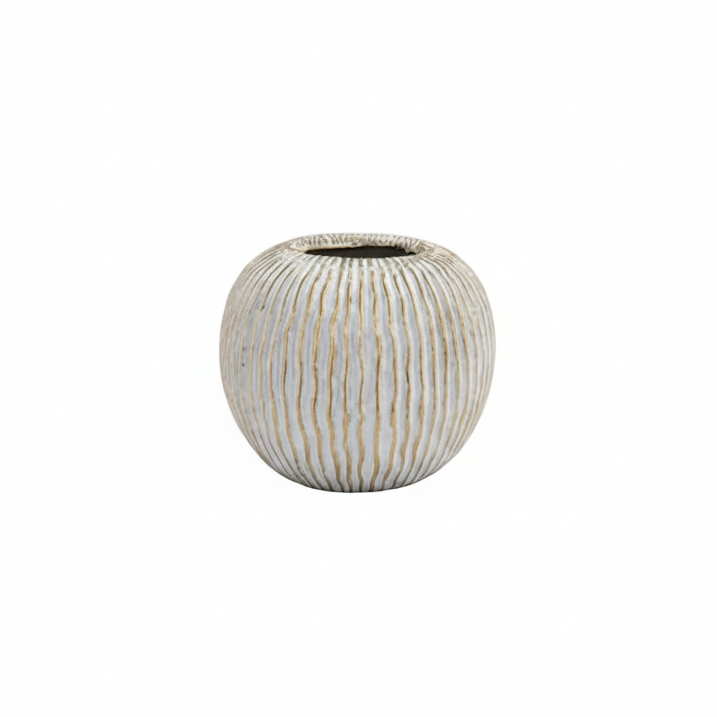 A small round ceramic vase with a textured vertical ribbed pattern in off-white and beige tones, isolated on a solid white background.