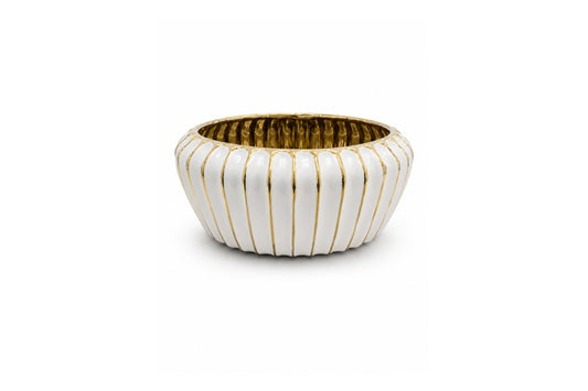 Ceramic Round Bowl with Ribbed Pattern Design Body White and Gold Glossy Finish