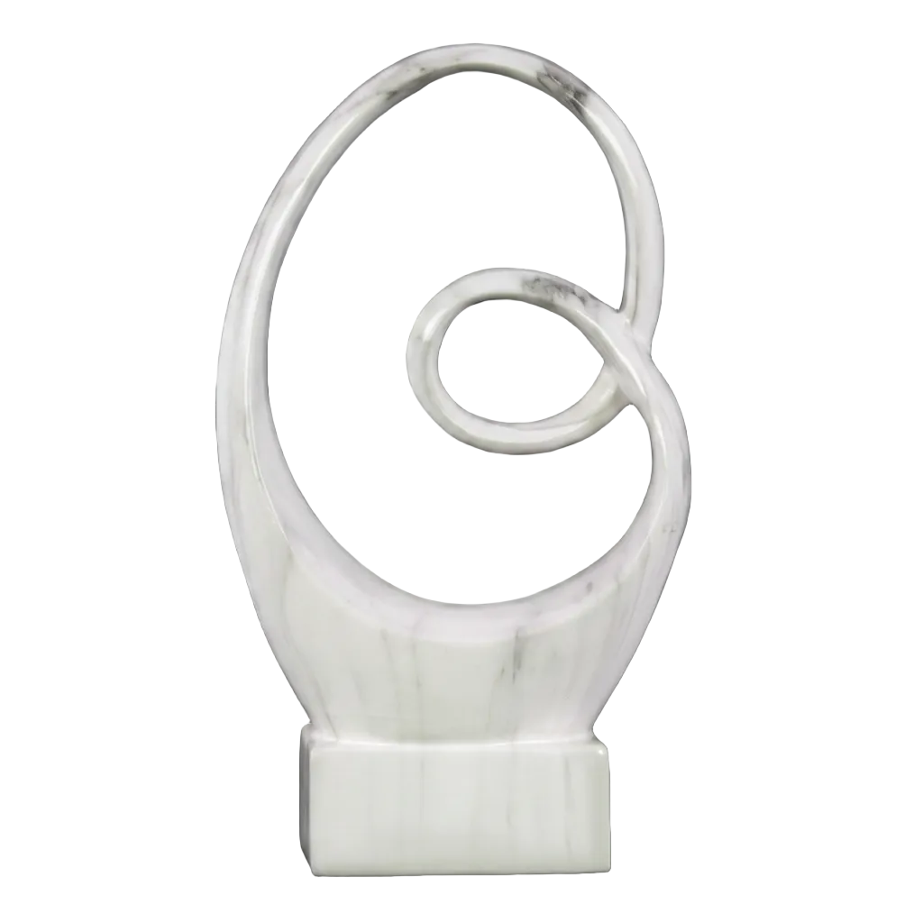 A modern abstract white marble sculpture with a flowing, open spiral design on a rectangular base, set against a solid black background.