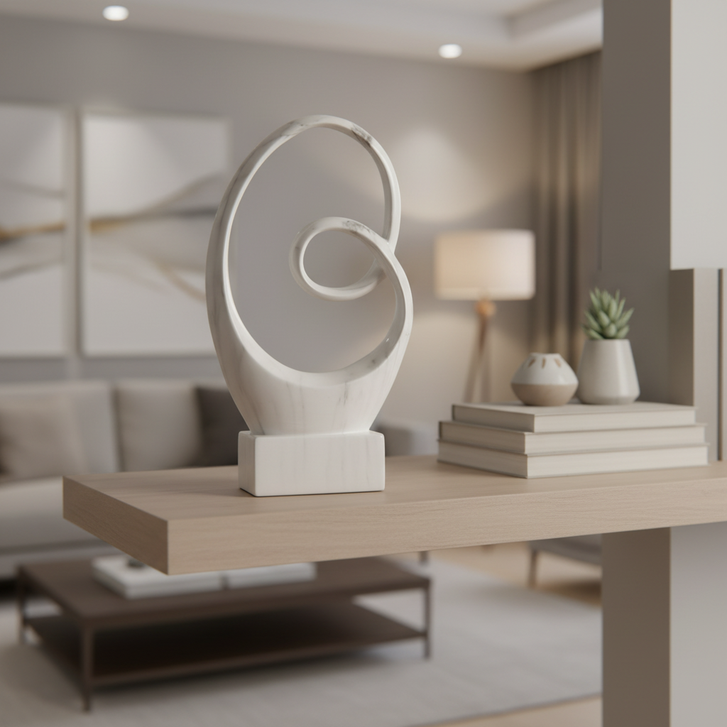 A modern abstract white sculpture on a rectangular base, displayed on a light wood floating shelf in a contemporary living room setting.