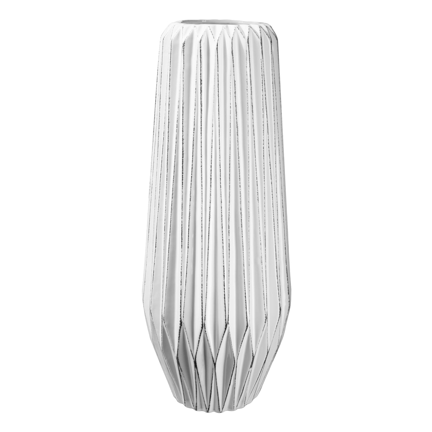 A ceramic round vase with a gloss finish, white body, with embossed black edges and a tapered bottom base.