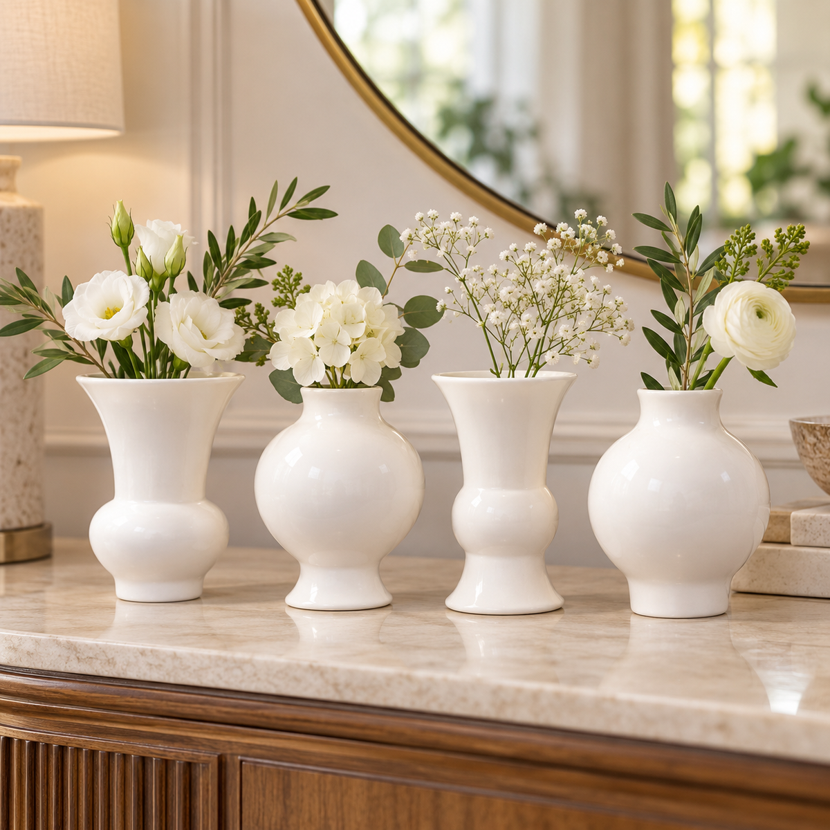 Four white ceramic bud vases filled with white flowers and green foliage, arranged on a marble console table in a warmly lit interior setting.