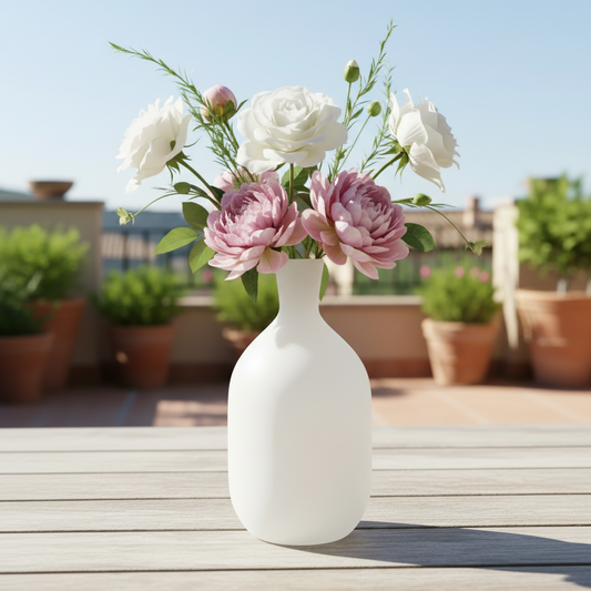 White vase with pink and white flowers on a wooden table outdoors