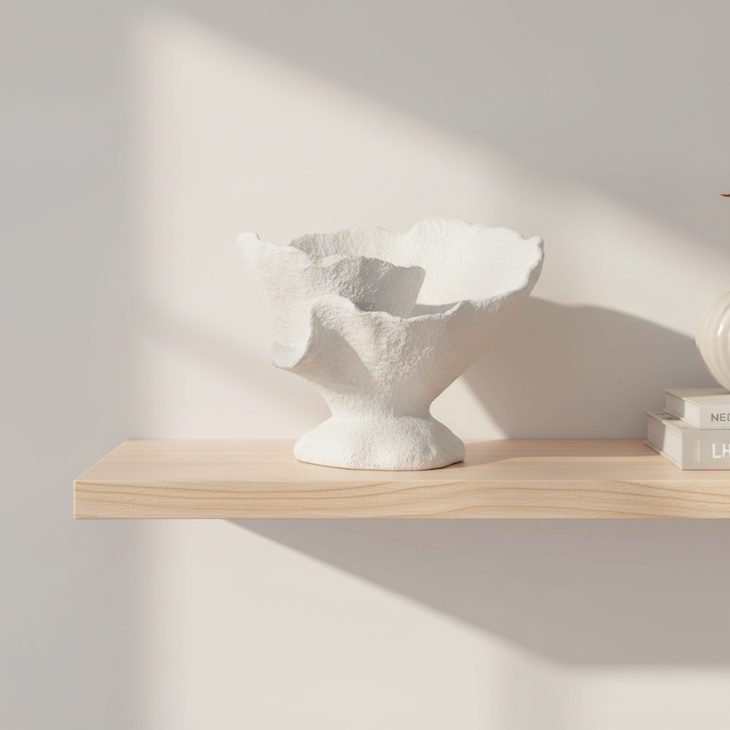 A white sculptural ceramic bowl with a textured, organic shape, displayed on a light wood floating shelf against a warm beige wall with soft sunlight shadows.