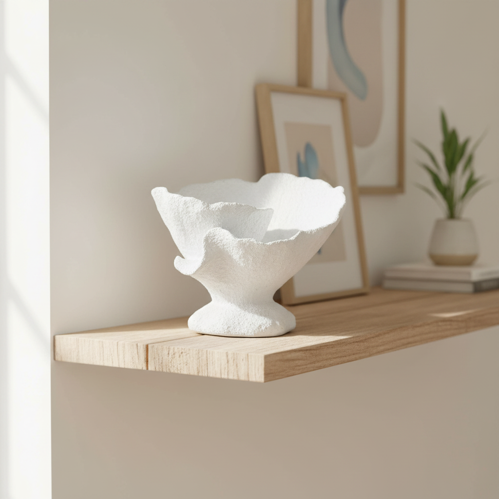 A white textured ceramic bowl with a flared rim sits on a light wood floating shelf in a minimalist, warm-toned room setting.