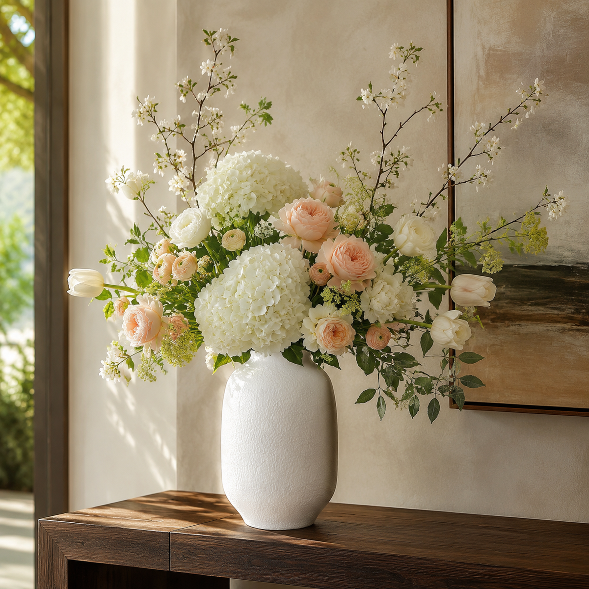 A large floral arrangement in a textured white ceramic vase, featuring white hydrangeas, blush pink roses, and green foliage, displayed on a dark wood console table against a beige wall.