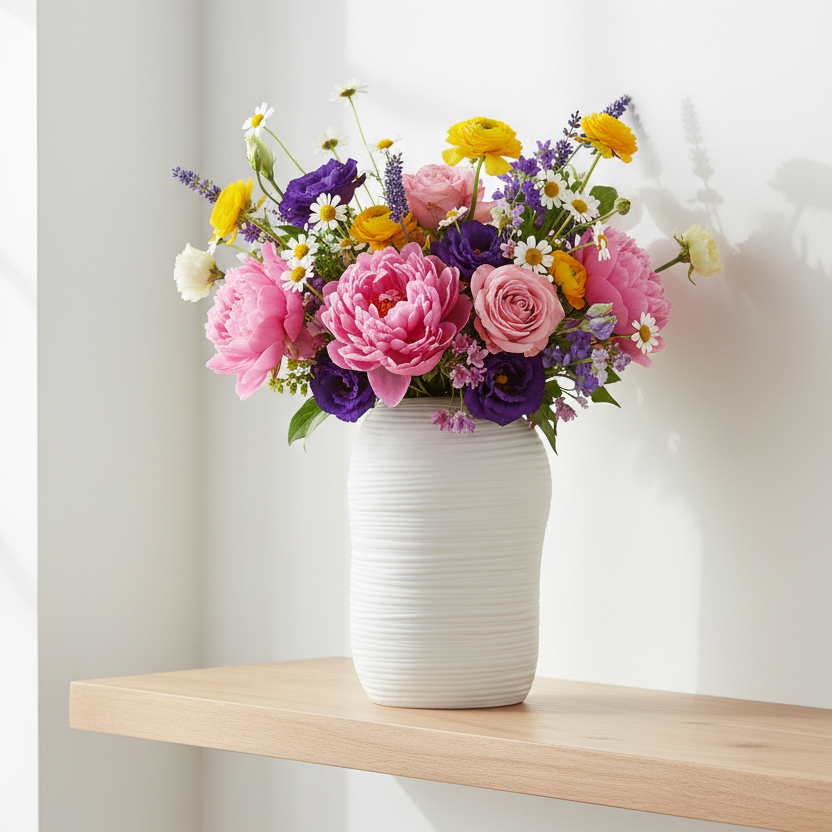 A vibrant floral arrangement featuring pink peonies, roses, yellow daisies, and purple wildflowers in a ribbed white ceramic vase, displayed on a light wood floating shelf against a white wall.