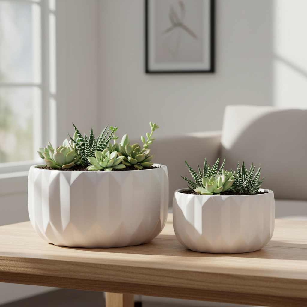 Two white faceted ceramic planters, one large and one small, filled with green succulents and placed on a light wood table in a bright, modern living room.