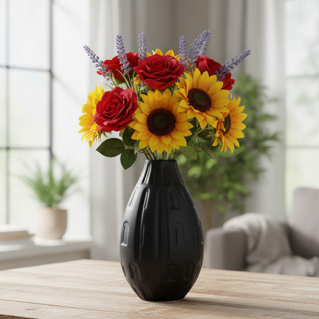 A black ribbed ceramic vase filled with a colorful floral arrangement of red roses, yellow sunflowers, and lavender sprigs, placed on a light wood table in a softly blurred living room setting.