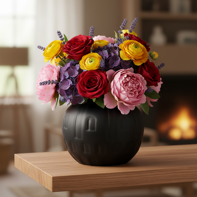 A vibrant artificial flower bouquet in a black textured vase, displayed on a wooden table in a cozy, softly blurred living room with a fireplace in the background.