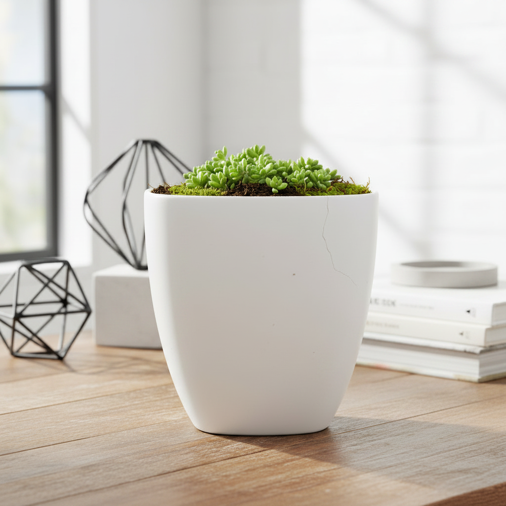 A small green succulent plant in a white ceramic pot with a subtle crack, set on a wooden table in a bright, modern room with decorative geometric wireframes and books in the background.