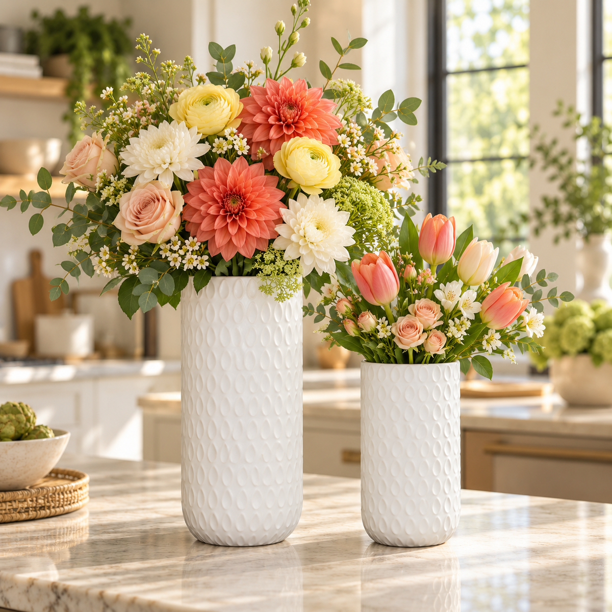Two white textured ceramic vases filled with a colorful floral arrangement on a marble countertop in a bright, modern kitchen setting.
