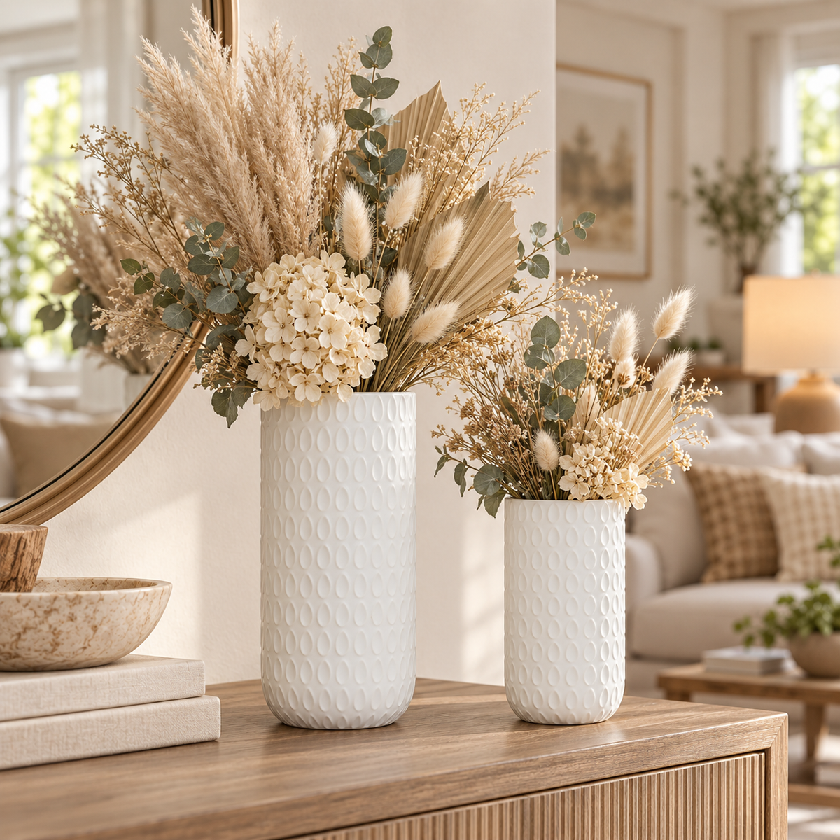 Two white textured ceramic vases filled with dried pampas grass, cream hydrangea blooms, and green eucalyptus leaves, styled on a wooden console table in a bright, modern living room.