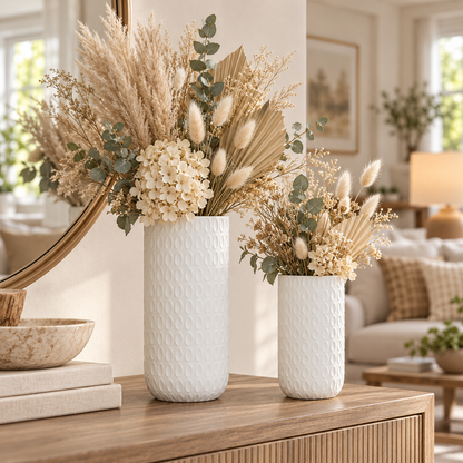 Two white textured ceramic vases filled with dried pampas grass, cream hydrangea blooms, and green eucalyptus leaves, styled on a wooden console table in a bright, modern living room.