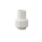 A matte finish white ceramic round bottle vase with an embossed symmetric column design and a base.