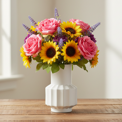 A vibrant floral arrangement featuring pink roses, yellow sunflowers, and purple lavender sprigs in a white ribbed ceramic vase, set on a rustic wooden table with a softly blurred window background.
