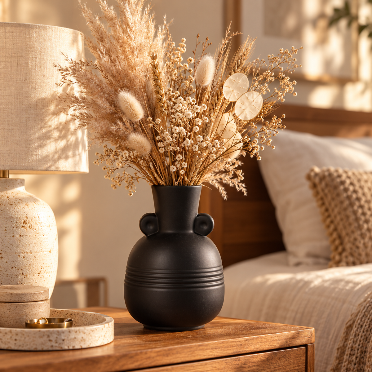 A matte black ceramic vase with two side knobs, filled with dried pampas grass and bunny tail flowers, displayed on a wooden bedside table next to a matching ceramic lamp in a warm, sunlit bedroom setting.