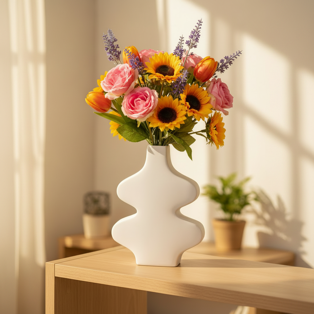 A white ceramic vase with a sculptural, wavy tiered design sits on a light wood table, filled with a vibrant artificial flower arrangement featuring pink roses, yellow sunflowers, orange tulips, and purple lavender sprigs.