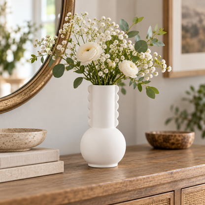 A white ceramic vase with a scalloped neck and rounded base, filled with white ranunculus and baby's breath flowers with green eucalyptus leaves, displayed on a wooden console table in a styled interior setting.