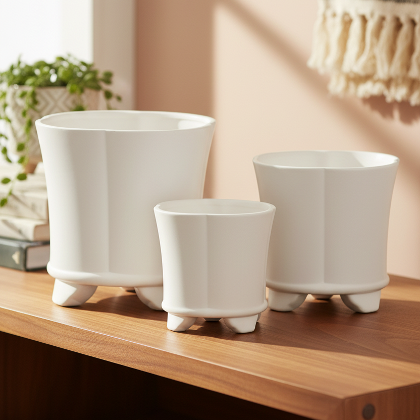 Three white ceramic planters in graduated sizes displayed on a wooden shelf in a warm, sunlit room.