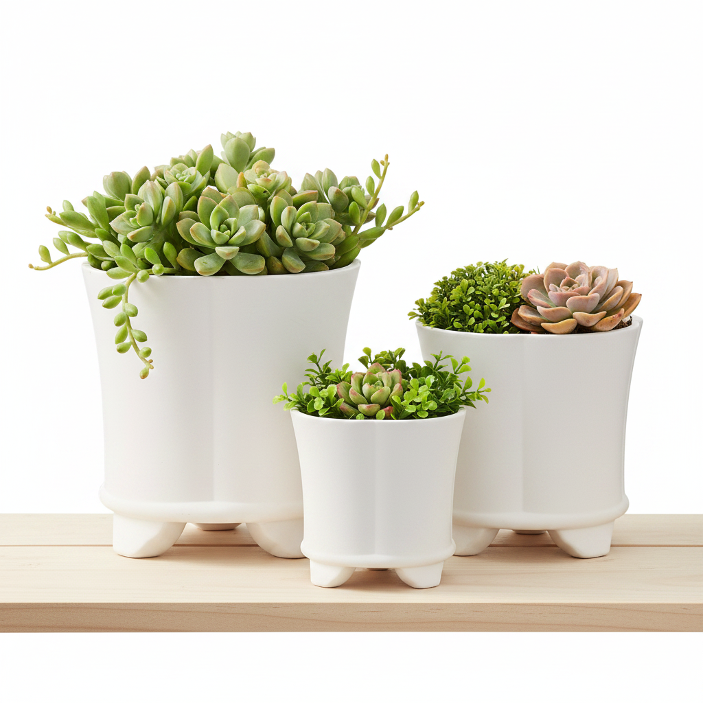 Three white ceramic planters with feet, arranged in a size progression on a light wood surface against a white background, each containing green succulents.