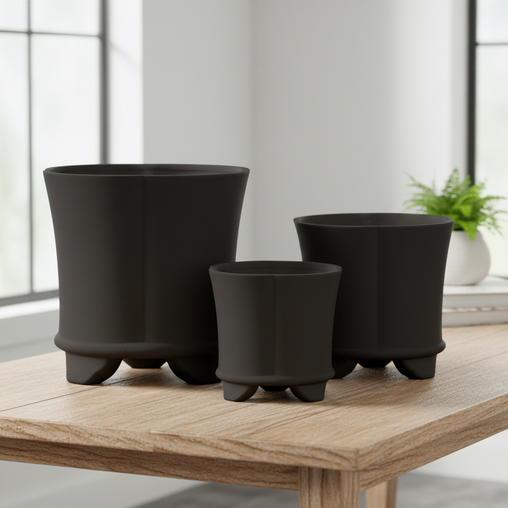 Three matte black planter pots in different sizes arranged on a light wood table in a bright, modern room with a window and a small green plant in the background.
