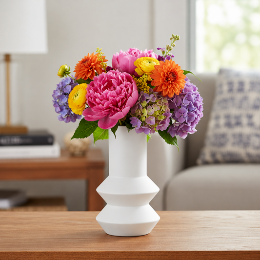 White vase with colorful flowers on a wooden table in a living room setting