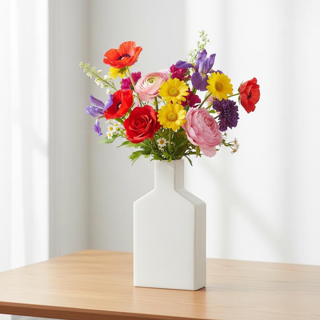 A vibrant artificial flower bouquet in a modern white ceramic vase, set on a light wood table against a bright, softly lit background.