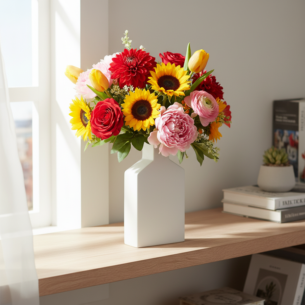 A vibrant mixed flower bouquet in a modern white ceramic vase, styled on a light wood shelf next to a window with soft natural light.