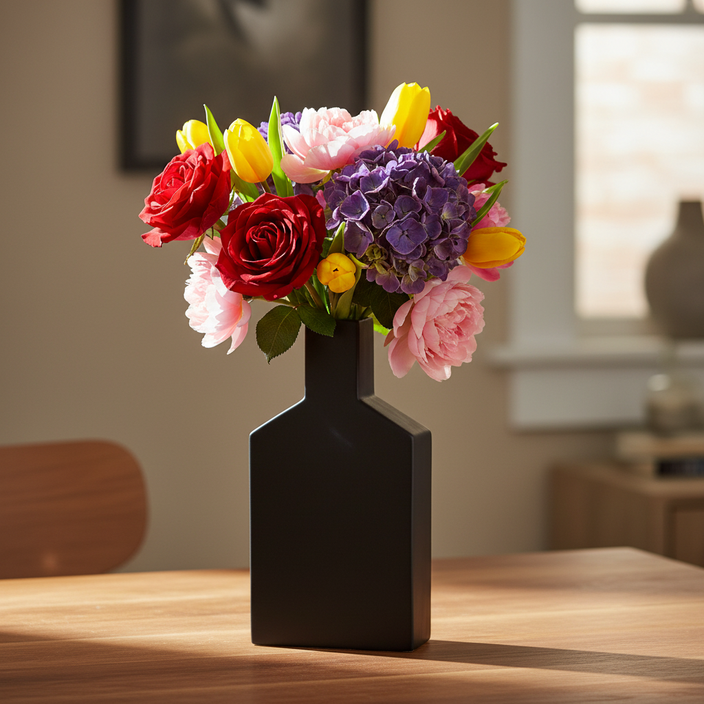A vibrant floral arrangement featuring red roses, pink peonies, yellow tulips, and purple hydrangeas in a matte black vase, set on a wooden table in a softly blurred indoor setting.