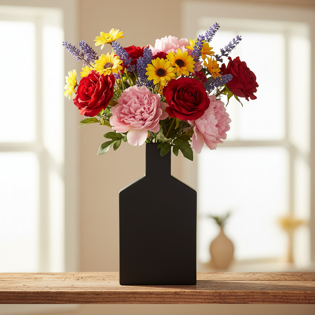 A black vase shaped like a bottle, filled with a colorful bouquet of red roses, pink peonies, yellow daisies, and purple lavender, displayed on a wooden table in a bright, softly blurred room.