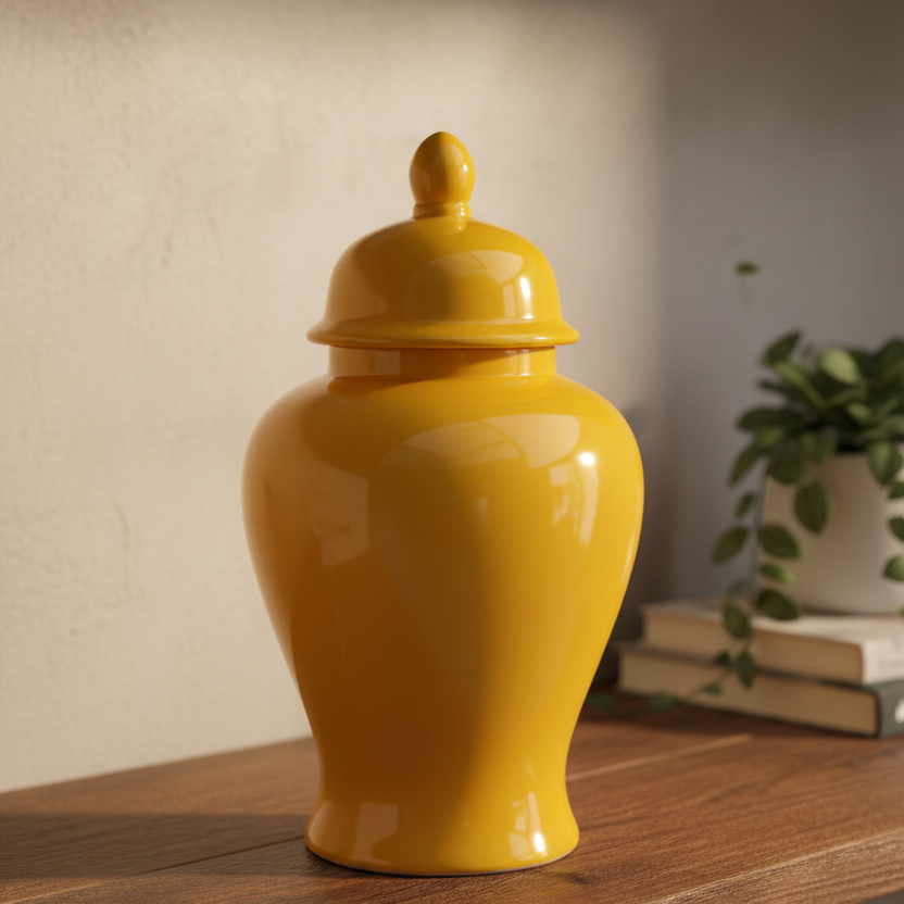 A glossy yellow ceramic lidded jar with a rounded body and small finial top, displayed on a wooden shelf in a warm indoor setting with a blurred plant and books in the background.