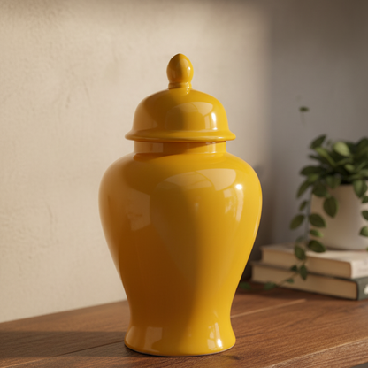 A glossy yellow ceramic lidded jar with a rounded body and small finial top, displayed on a wooden shelf in a warm indoor setting with a blurred plant and books in the background.