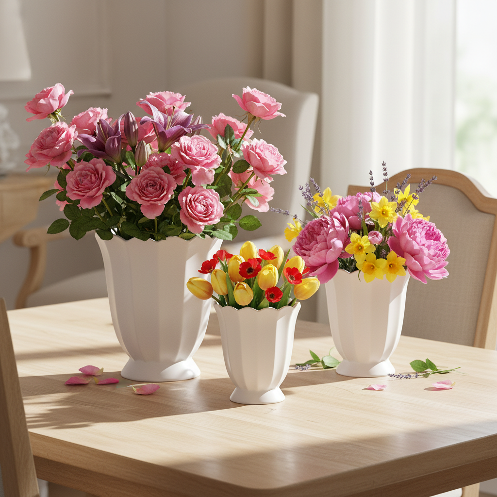 Three white ceramic flower vases arranged on a light wood dining table, filled with pink roses, yellow and red tulips, and pink peonies in a bright, softly lit room.