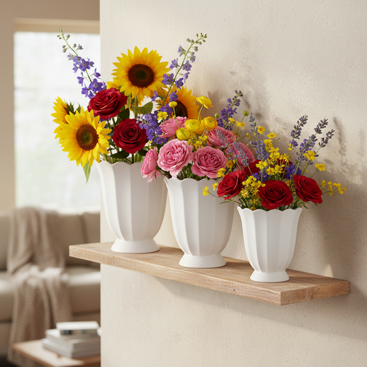 Three white ceramic flower vases filled with colorful artificial floral arrangements, displayed on a light wood floating shelf against a beige wall in a softly blurred living room setting.