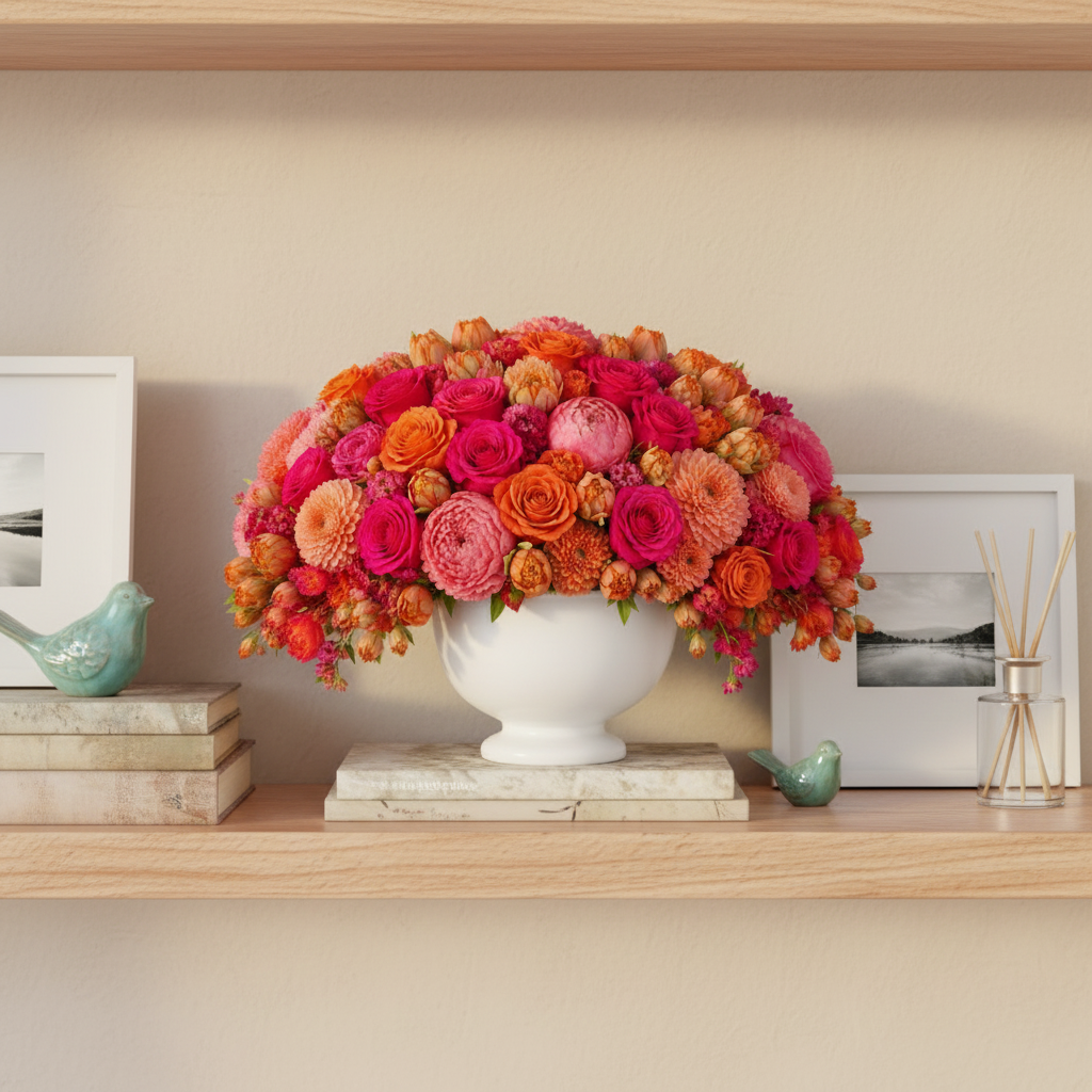A vibrant, dense floral arrangement featuring a mix of bright pink, orange, and coral roses, ranunculus, and dahlias, presented in a white ceramic urn against a solid white background.