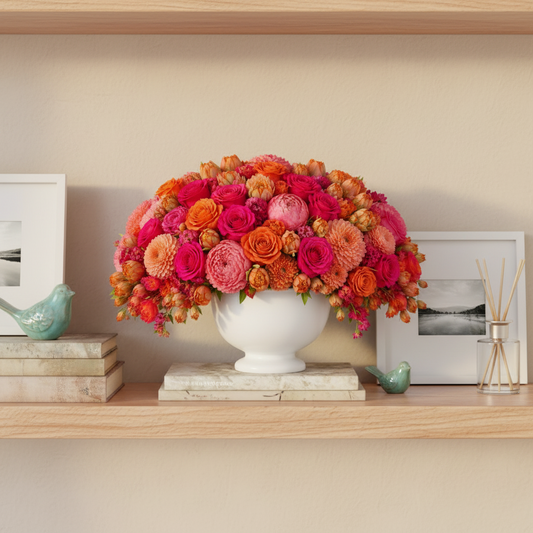 A vibrant, dense floral arrangement featuring a mix of bright pink, orange, and coral roses, ranunculus, and dahlias, presented in a white ceramic urn against a solid white background.