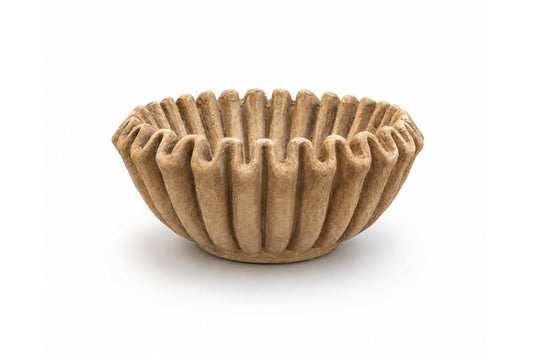 Fluted-Shallow Cement Flower Pot With Vertical Ridged Detail and Smooth Stone-Inspired Texture Beige Finish