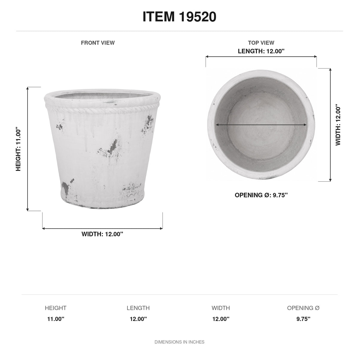 A product dimension diagram for a white textured planter pot, showing front, top, and side views with labeled measurements including height 11.00 inches, length 12.