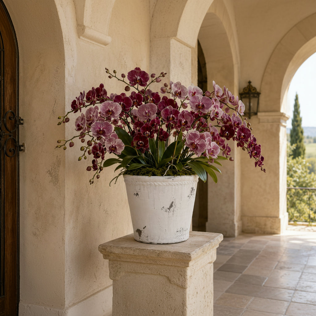 A large white ceramic pot filled with blooming pink and burgundy orchids, placed on a stone ledge in a sunlit Mediterranean-style porch with arches and a garden view.