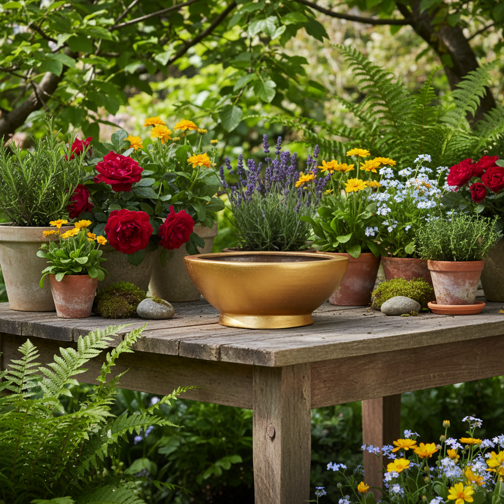 Daisy Polystone Gold Leaf Boat Planter