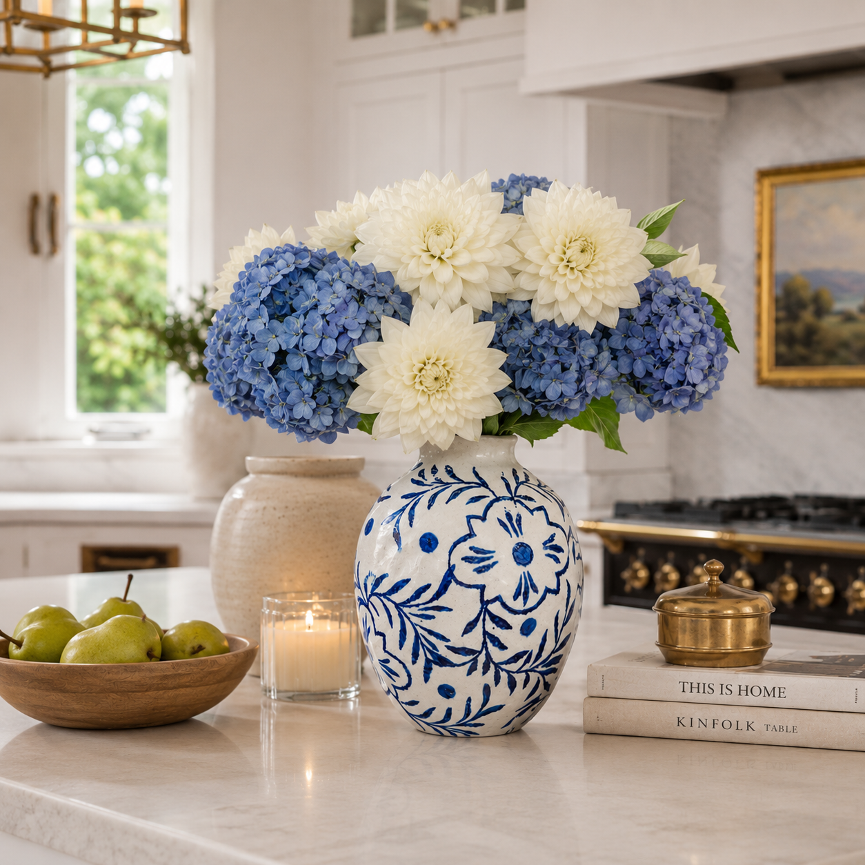 STILL IN PORT - Globular Ceramic Vase With Pinched Neck and Stylized Cobalt Floral Motif Blue