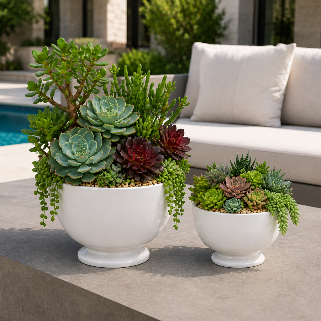 Two white ceramic planters filled with green succulents and small trailing plants, displayed on a concrete patio table outdoors next to a swimming pool and a white outdoor sofa.