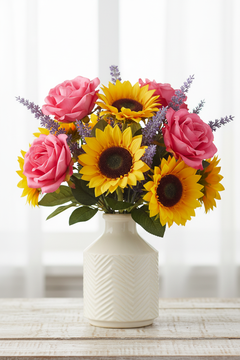 A vibrant artificial flower bouquet featuring pink roses, yellow sunflowers, and purple lavender sprigs arranged in a textured cream-colored ceramic vase, set on a light wooden surface against a soft, bright window background.